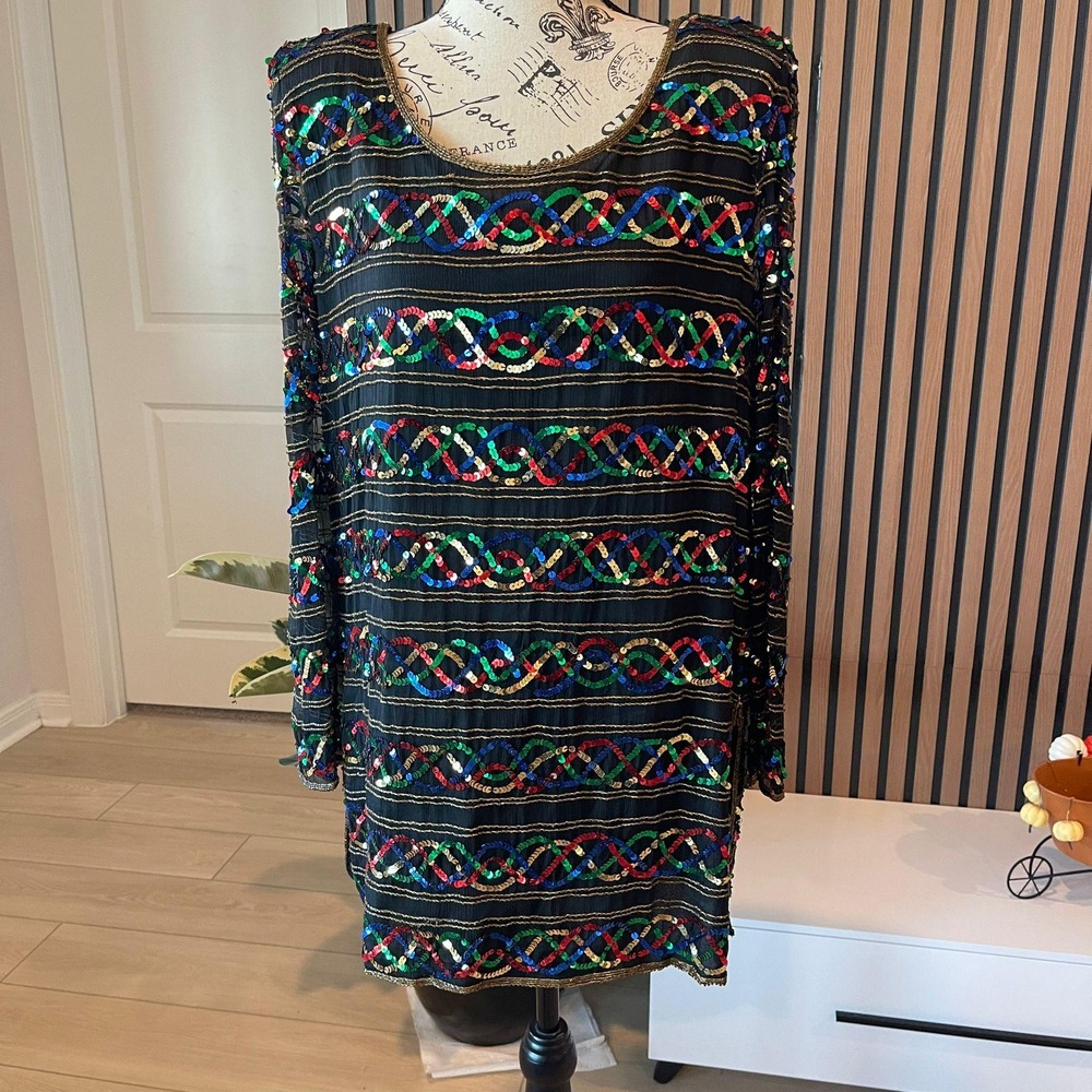 Vintage Stenay Silk Sequin Beaded Dress Black Multicolor‎ Party Cocktail L